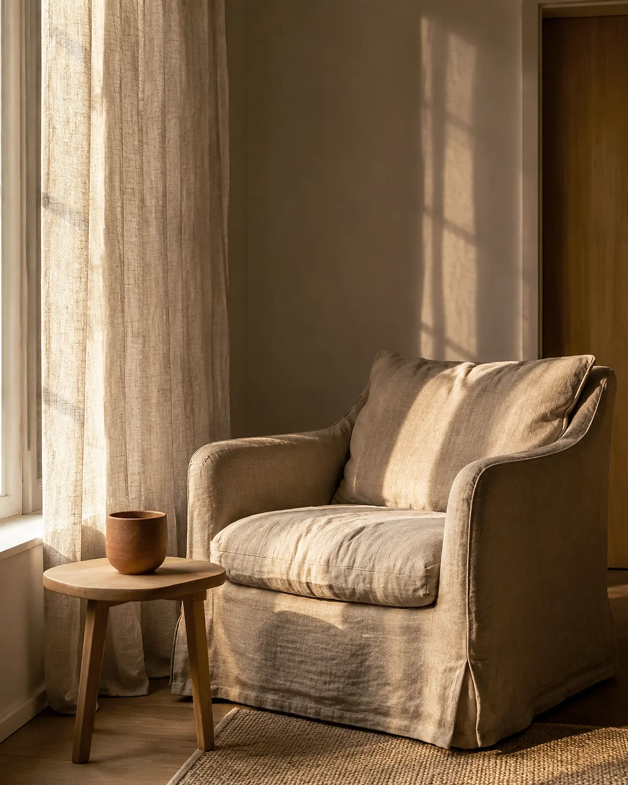 Un sillón de lino junto a una ventana con cortina de lino y una mesita de roble con una taza de cerámica terracota, con luz de tarde. Imagen de ejemplo.