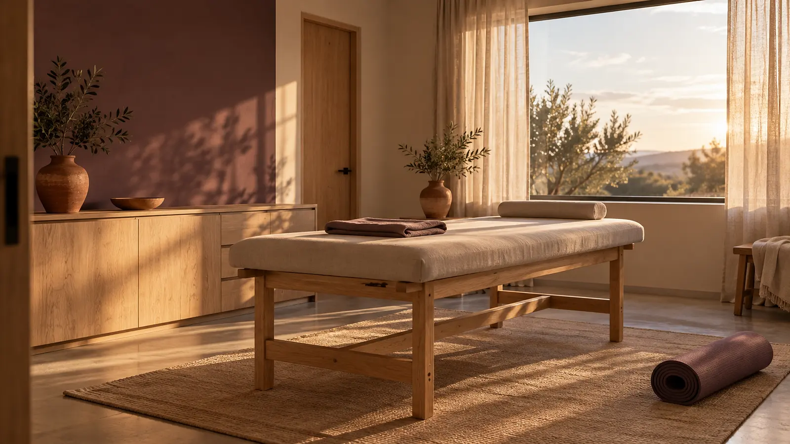 Sala de fisioterapia con una camilla de madera, una toalla de lino doblada, una esterilla enrollada y una ventana grande. Imagen de ejemplo.