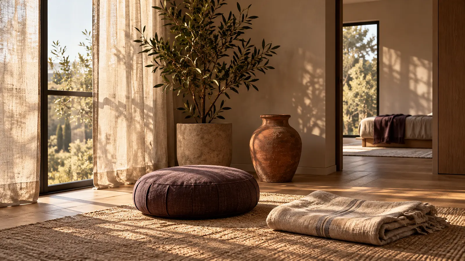 Sala de bienestar con un cojín de meditación, una manta de lino doblada, una planta y una vasija de cerámica terracota sobre suelo de madera. Imagen de ejemplo.