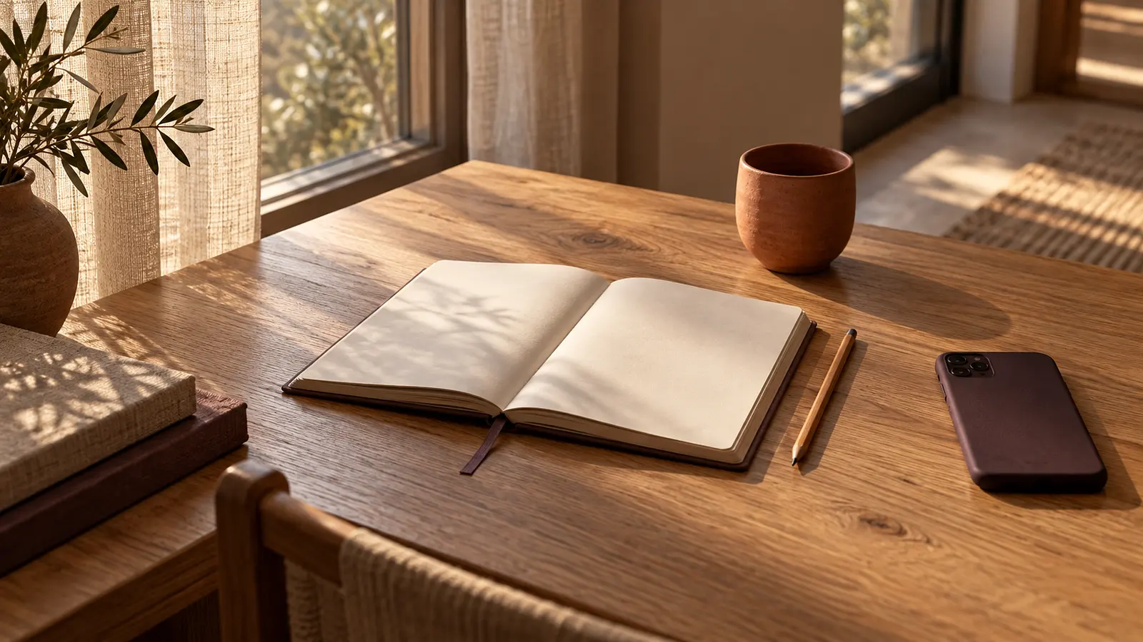 Vista desde arriba de un escritorio de roble con una agenda de papel abierta y en blanco, un lápiz, un móvil boca abajo y una taza de cerámica terracota. Imagen de ejemplo.