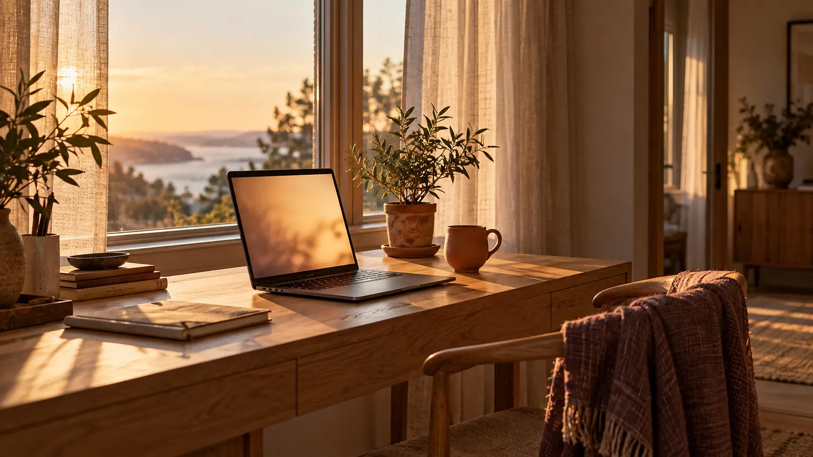 Un portátil abierto sobre un escritorio de roble junto a una ventana, con una taza de cerámica terracota y una planta. Imagen de ejemplo.