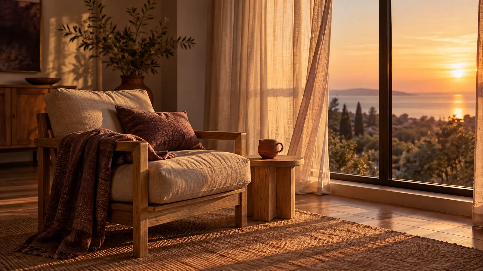 Un sillón vacío junto a una ventana al atardecer, con la cortina de lino moviéndose y luz dorada. Imagen de ejemplo.