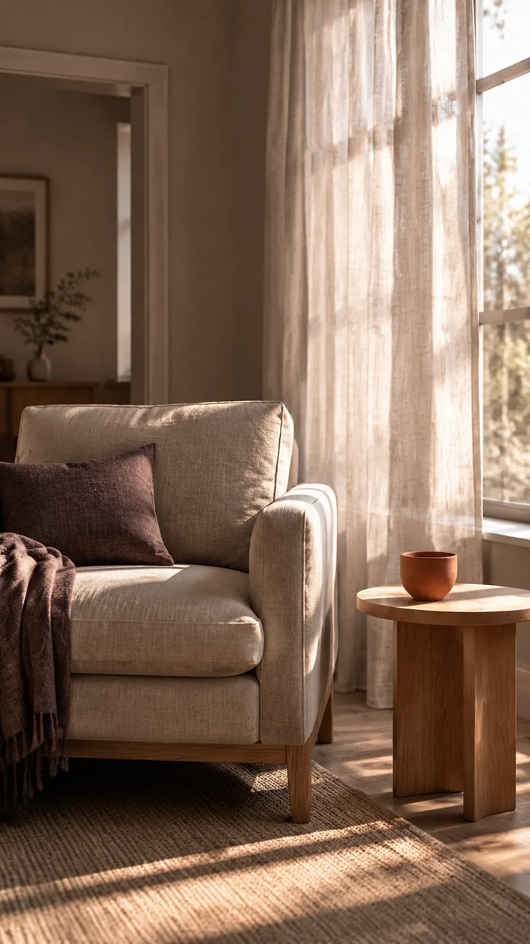 Una consulta de terapia con un sillón, cortinas de lino, luz de tarde y una taza de cerámica terracota en una mesita. Imagen de ejemplo.